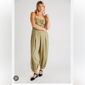 Free People Smocked Back Keyhole Jumpsuit-Army-NWT